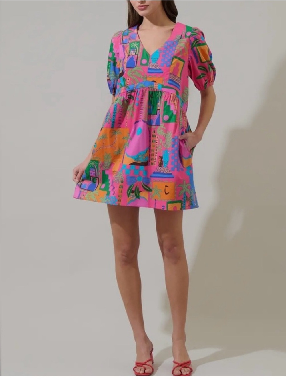 sundance boutique Hot Pink & Multi-Color Printed V-Neck Mini Dress